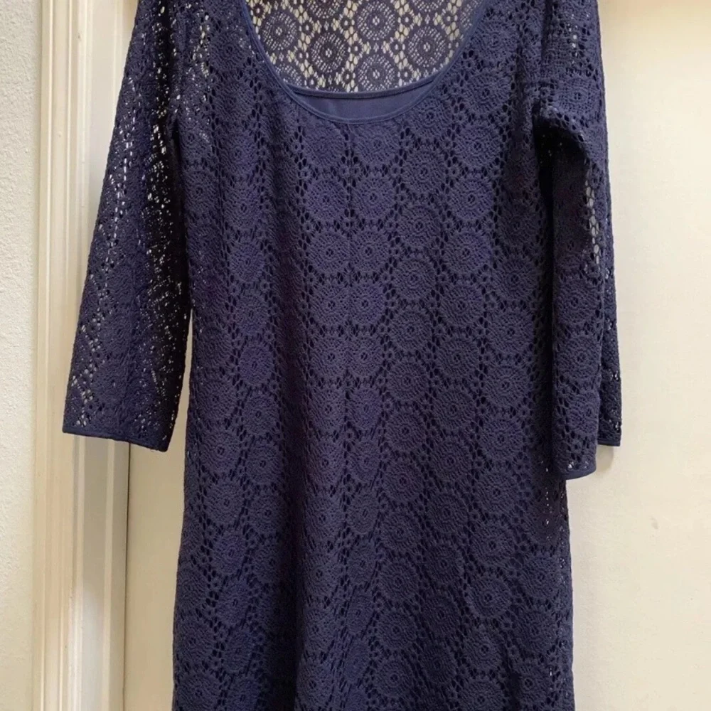 Lilly Pulitzer Topanga True Navy Blue Breakers Lace Dress Medium Bell Sleeves - Picture 7 of 13